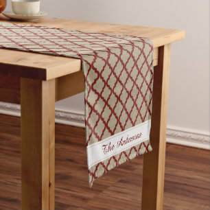 Rustic Faux Burlap and Red Moroccan Quatrefoil Short Table Runner