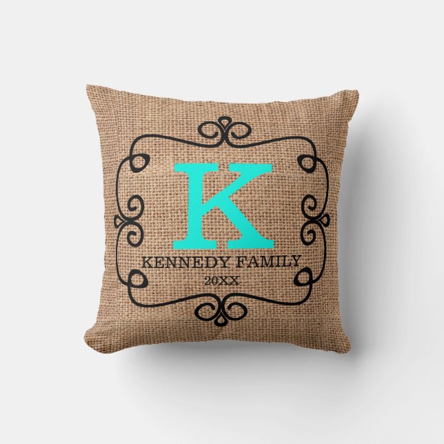 Rustic Faux Burlap Family Name Monogram Cushion (Front)