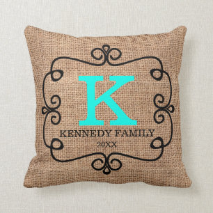 Rustic Faux Burlap Family Name Monogram Cushion