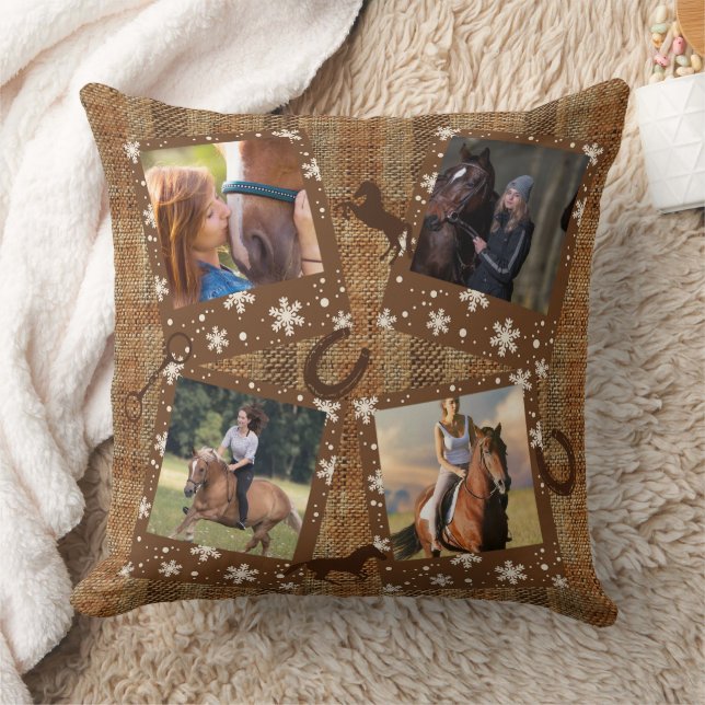 Rustic Faux Burlap Four Photo Collage Horse Cushion (Blanket)