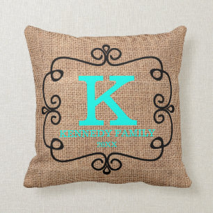 Rustic Faux Burlap Turquoise Family Name Monogram Cushion