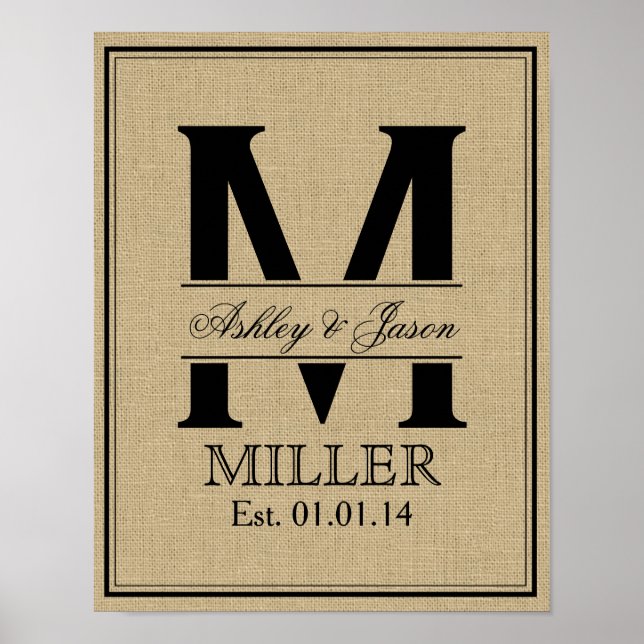 Rustic Faux Burlap Wedding Monogram Poster (Front)