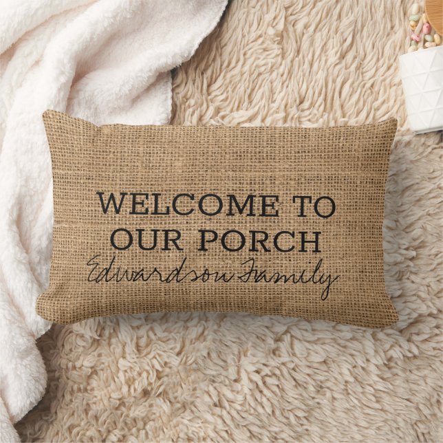 Rustic faux burlap welcome porch family name lumbar cushion (Blanket)