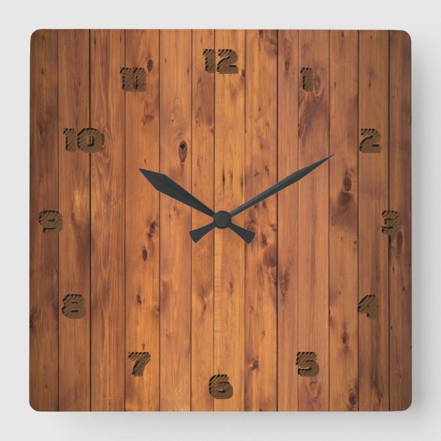 Rustic Faux Cherry Wood Stylised 3d Number Square Wall Clock (Front)
