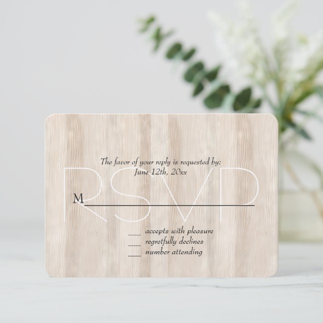 Rustic Faux Cream White Wood Wedding RSVP Card (Standing Front)