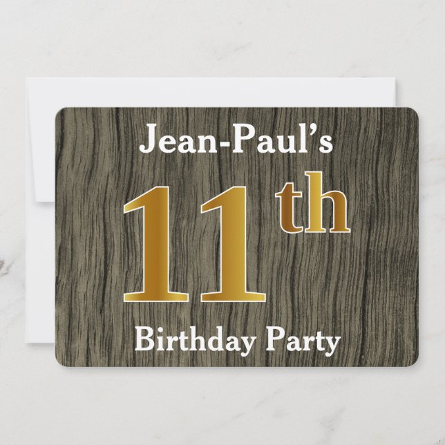 Rustic, Faux Gold 11th Birthday Party; Custom Name Invitation (Front)