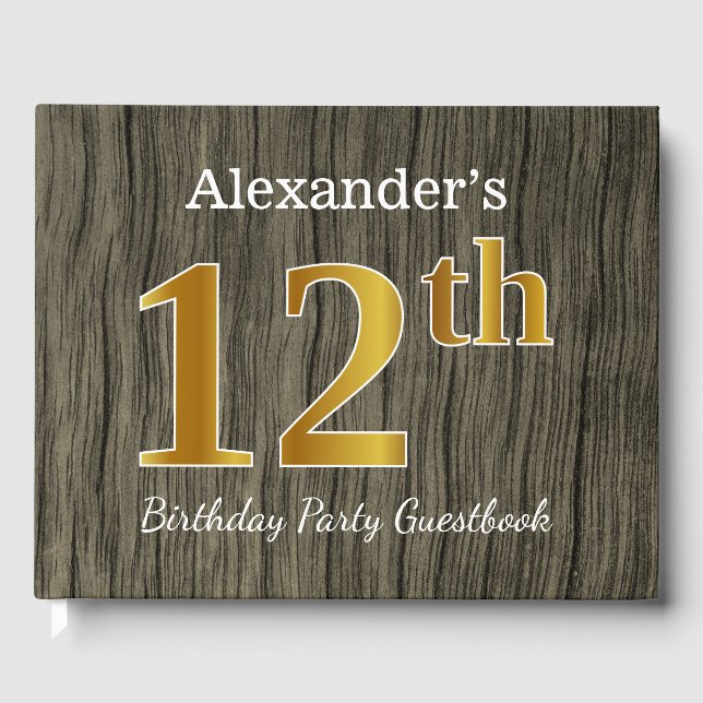 Rustic, Faux Gold 12th Birthday Party; Custom Name Guest Book (Front)