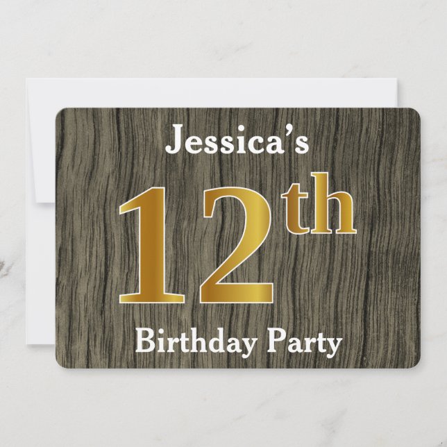Rustic, Faux Gold 12th Birthday Party; Custom Name Invitation (Front)