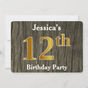 Rustic, Faux Gold 12th Birthday Party; Custom Name Invitation