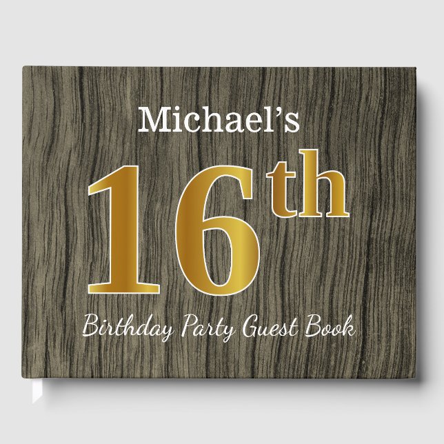 Rustic, Faux Gold 16th Birthday Party; Custom Name Guest Book (Front)