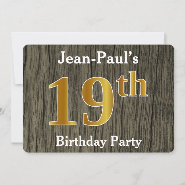 Rustic, Faux Gold 19th Birthday Party; Custom Name Invitation (Front)