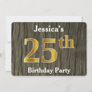 Rustic, Faux Gold 25th Birthday Party; Custom Name Invitation