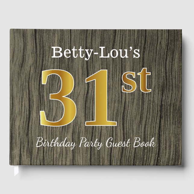 Rustic, Faux Gold 31st Birthday Party; Custom Name Guest Book (Front)