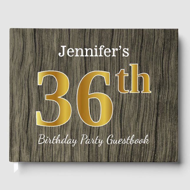 Rustic, Faux Gold 36th Birthday Party; Custom Name Guest Book (Front)
