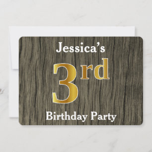 Rustic, Faux Gold 3rd Birthday Party; Custom Name Invitation