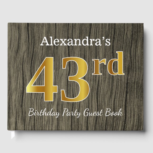 Rustic, Faux Gold 43rd Birthday Party; Custom Name Guest Book (Front)