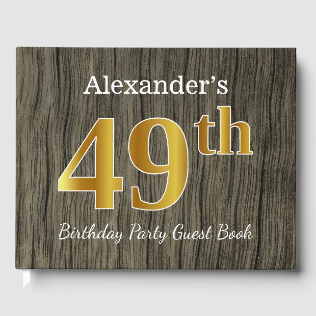 Rustic, Faux Gold 49th Birthday Party; Custom Name Guest Book (Front)