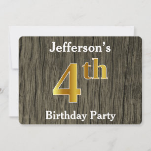 Rustic, Faux Gold 4th Birthday Party; Custom Name Invitation