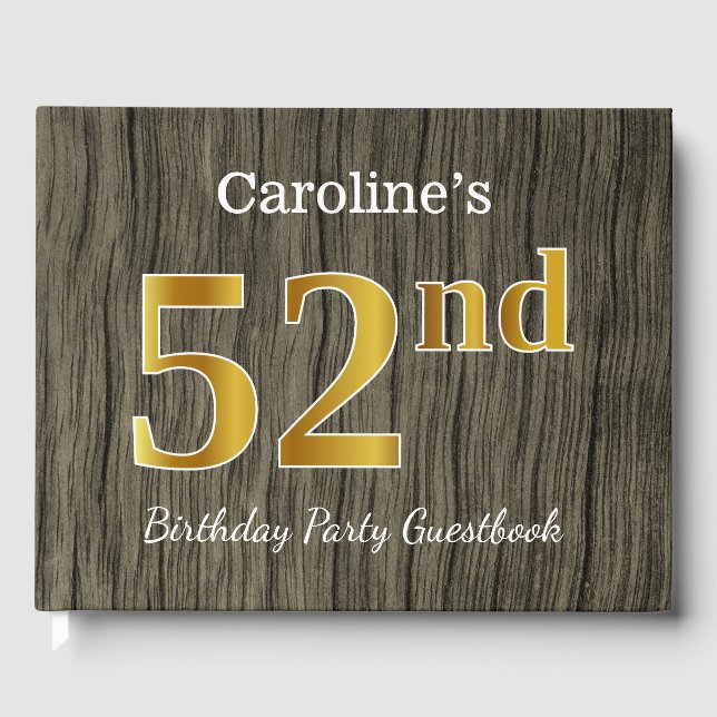 Rustic, Faux Gold 52nd Birthday Party; Custom Name Guest Book (Front)