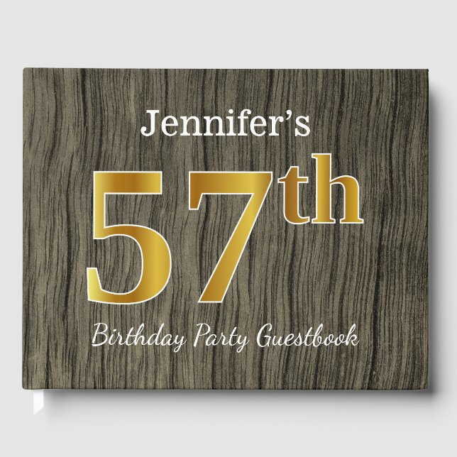 Rustic, Faux Gold 57th Birthday Party; Custom Name Guest Book (Front)