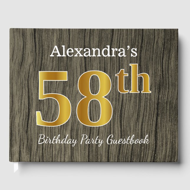 Rustic, Faux Gold 58th Birthday Party; Custom Name Guest Book (Front)