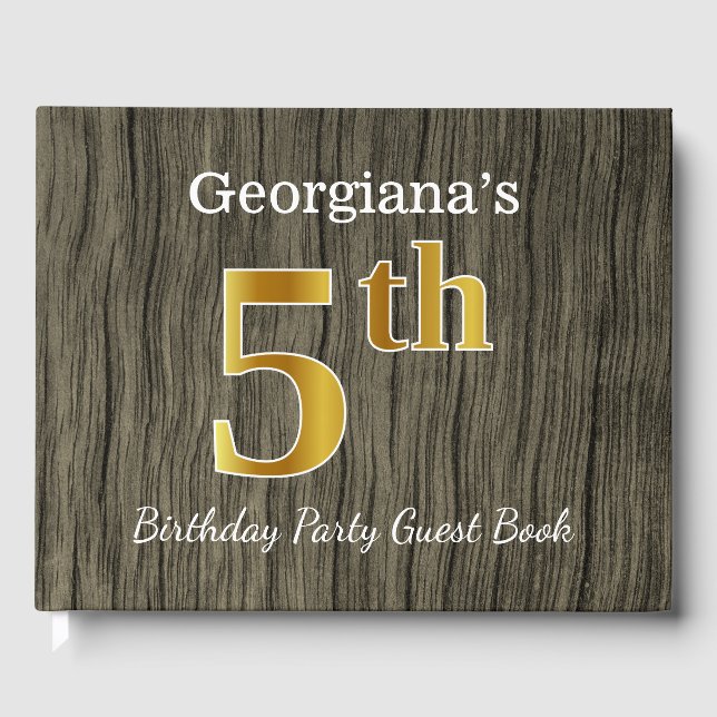 Rustic, Faux Gold 5th Birthday Party + Custom Name Guest Book (Front)