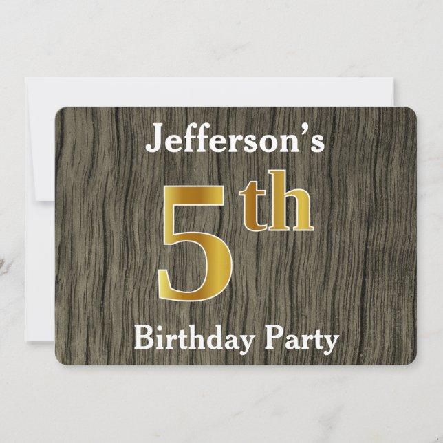Rustic, Faux Gold 5th Birthday Party; Custom Name Invitation (Front)