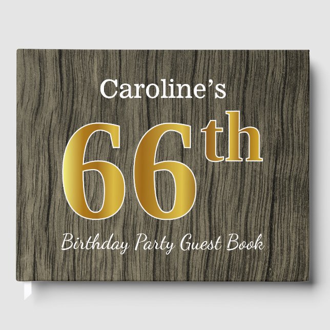 Rustic, Faux Gold 66th Birthday Party; Custom Name Guest Book (Front)