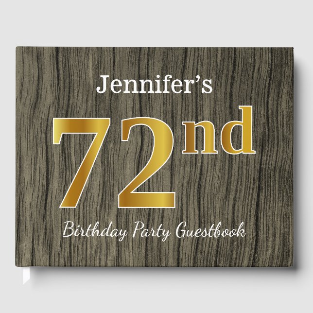 Rustic, Faux Gold 72nd Birthday Party; Custom Name Guest Book (Front)