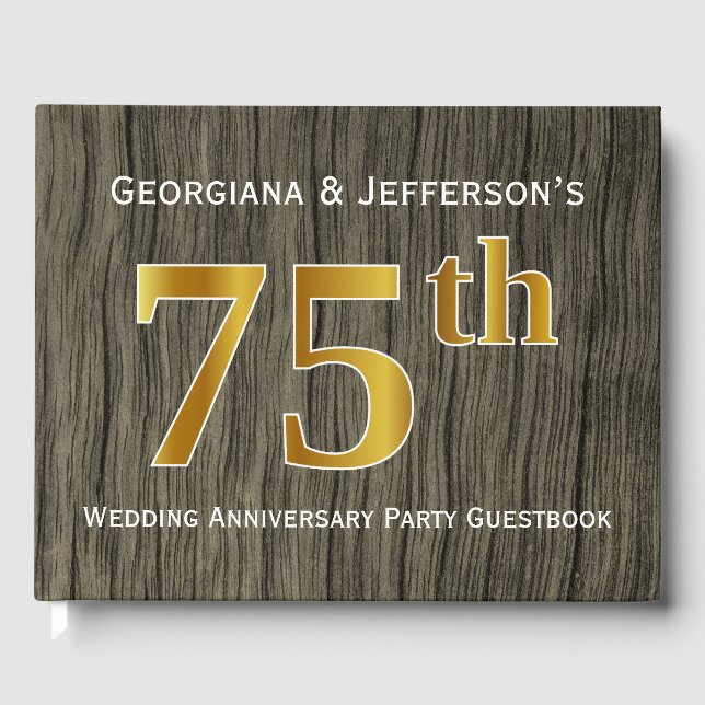 Rustic, Faux Gold 75th Wedding Anniversary Party Guest Book (Front)