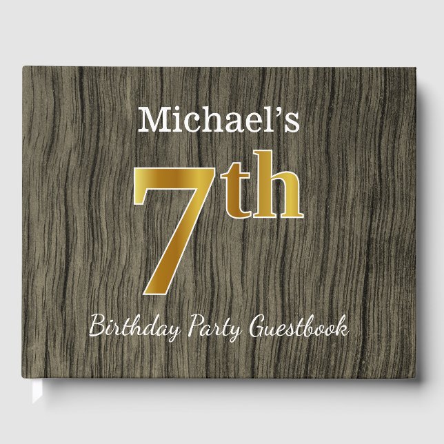 Rustic, Faux Gold 7th Birthday Party + Custom Name Guest Book (Front)