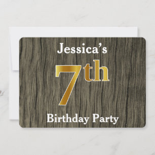 Rustic, Faux Gold 7th Birthday Party; Custom Name Invitation