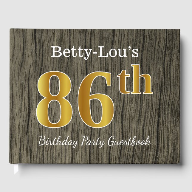 Rustic, Faux Gold 86th Birthday Party; Custom Name Guest Book (Front)