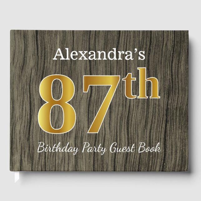 Rustic, Faux Gold 87th Birthday Party; Custom Name Guest Book (Front)