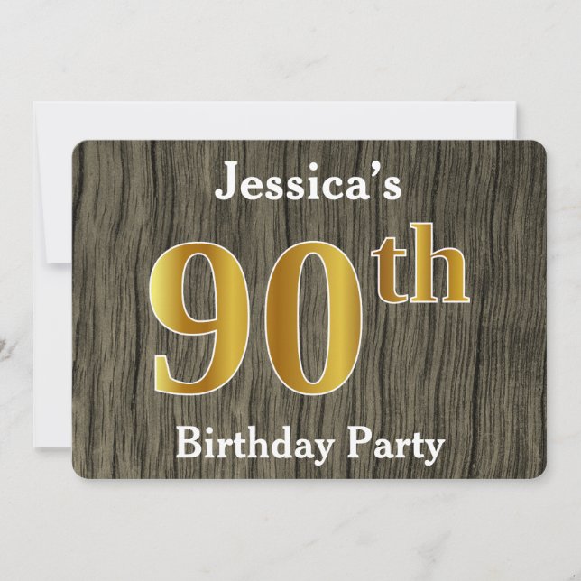 Rustic, Faux Gold 90th Birthday Party; Custom Name Invitation (Front)