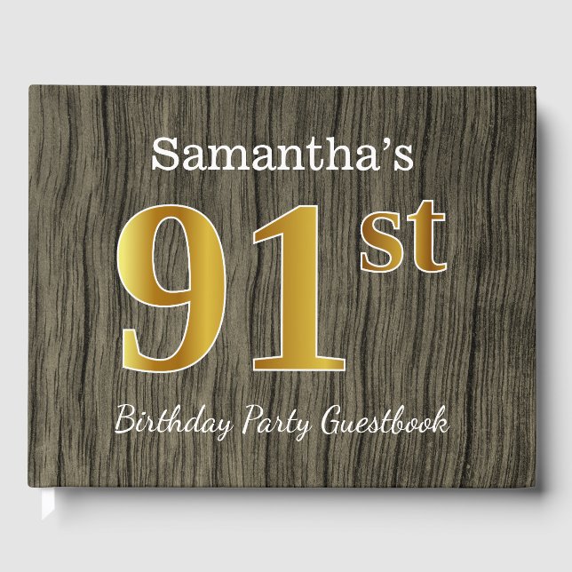 Rustic, Faux Gold 91st Birthday Party; Custom Name Guest Book (Front)