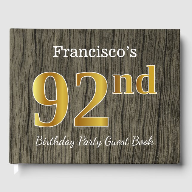 Rustic, Faux Gold 92nd Birthday Party; Custom Name Guest Book (Front)