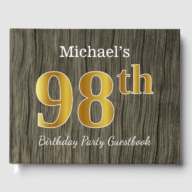 Rustic, Faux Gold 98th Birthday Party; Custom Name Guest Book (Front)