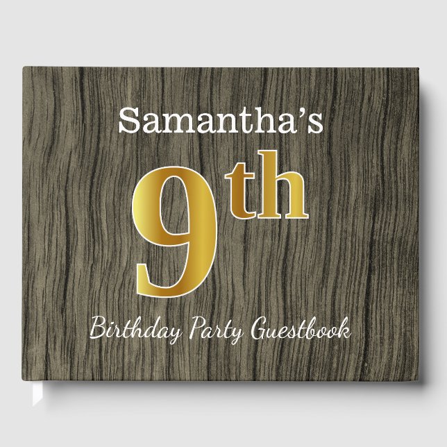 Rustic, Faux Gold 9th Birthday Party + Custom Name Guest Book (Front)
