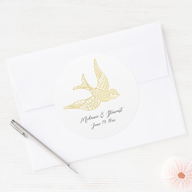 Rustic Faux Gold Swallow Bird Illustration Wedding Classic Round Sticker (Envelope)