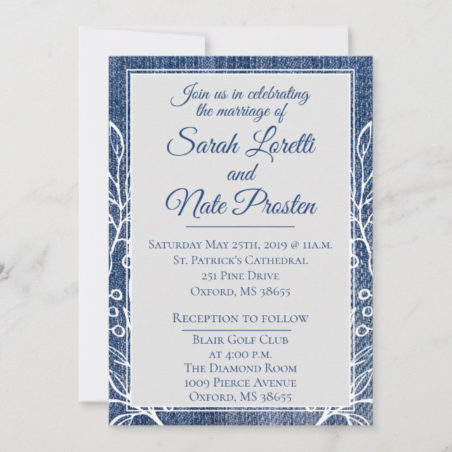 Rustic Faux Jean with Laurel Wedding Invitation (Front)