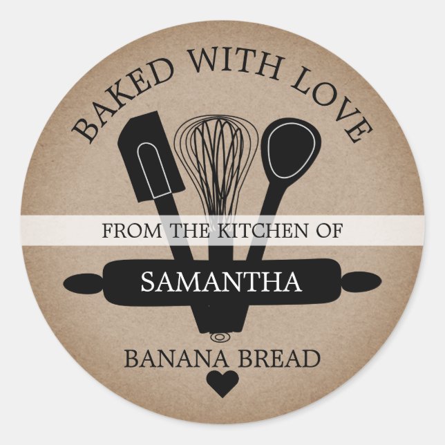 Rustic Faux Kraft Banana Bread Baked With love Classic Round Sticker (Front)
