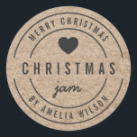 Rustic Faux Kraft Christmas Jam Merry Christmas Classic Round Sticker<br><div class="desc">Rustic Faux Kraft Bold "Christmas Jam Merry Christmas" sticker featuring dark grey heart, text all in dark grey against a kraft like pattern background. It's perfect for labelling what you've made. Personalise it by replacing the placeholder text. For more options such as to change the font, it's size, spacing between...</div>