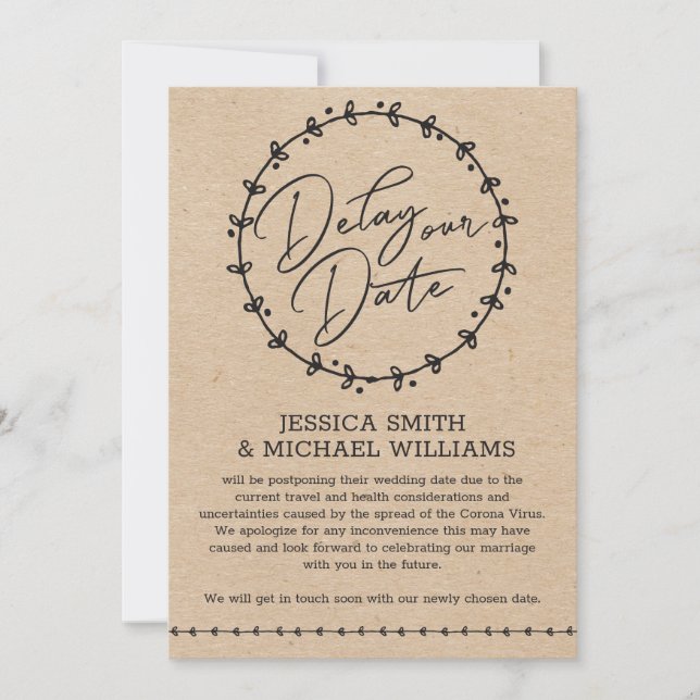 Rustic Faux Kraft Corona Virus Delay The Date Card (Front)
