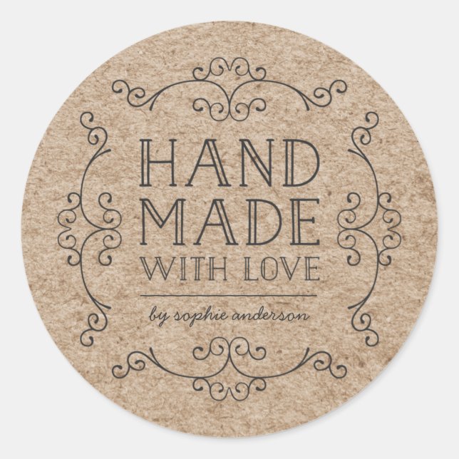 Rustic Faux Kraft Flourishes Hand Made With Love Classic Round Sticker (Front)