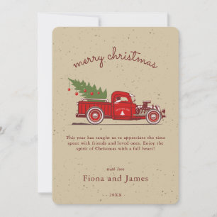 Rustic Faux Kraft Red Truck Tree Personalised Holiday Card