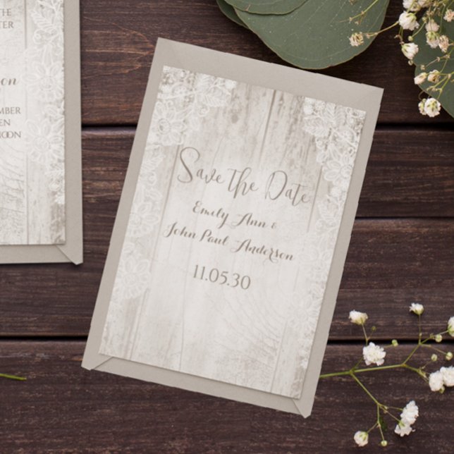 Rustic Faux Lace Barn Wood Wedding Save the Date Invitation (Creator Uploaded)