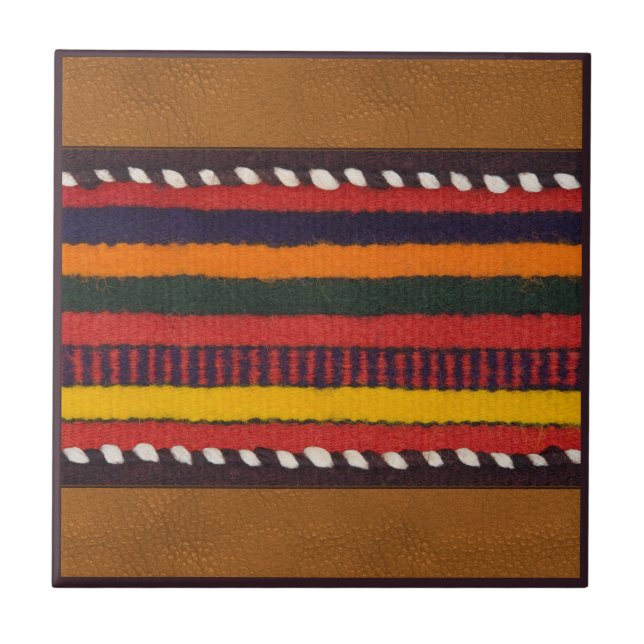 Rustic Faux Leather Bold Ethnic Stripes Western Ceramic Tile (Front)