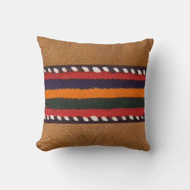Rustic Faux Leather Bold Ethnic Stripes Western Cushion (Front)
