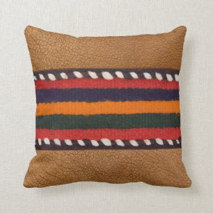Rustic Faux Leather Bold Ethnic Stripes Western Cushion